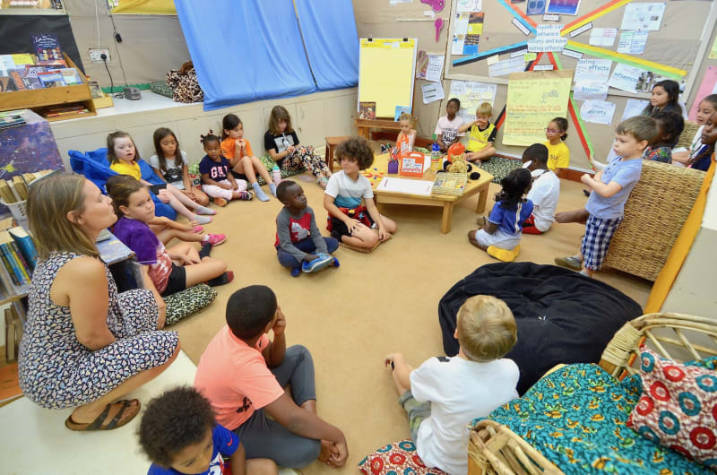 children sat on the floor listening to teach in classroom