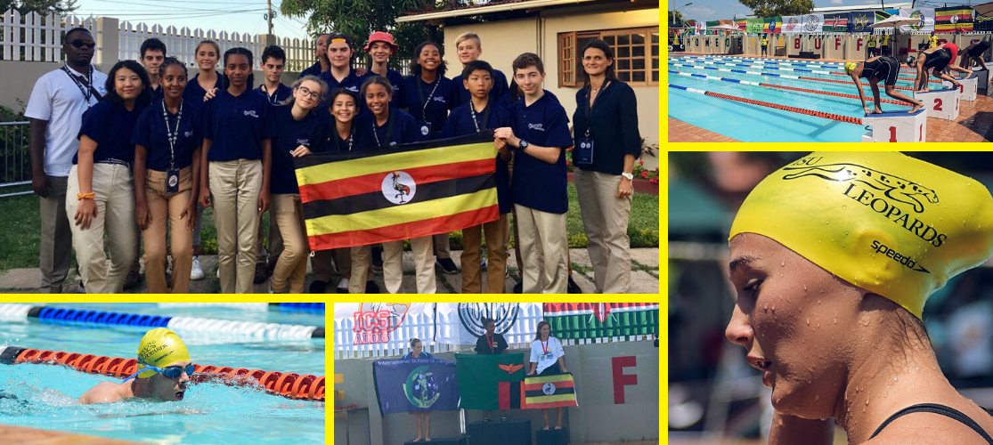 multiple images of students swimming and holding a flag
